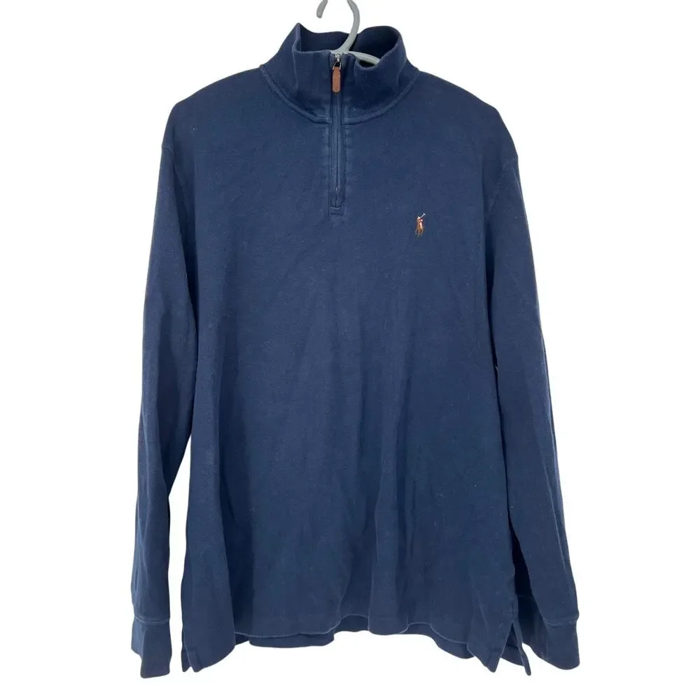 Polo Ralph Lauren Sweater Mens XL Navy Quarter Zip 1/4 Pony Logo Estate Rib‎